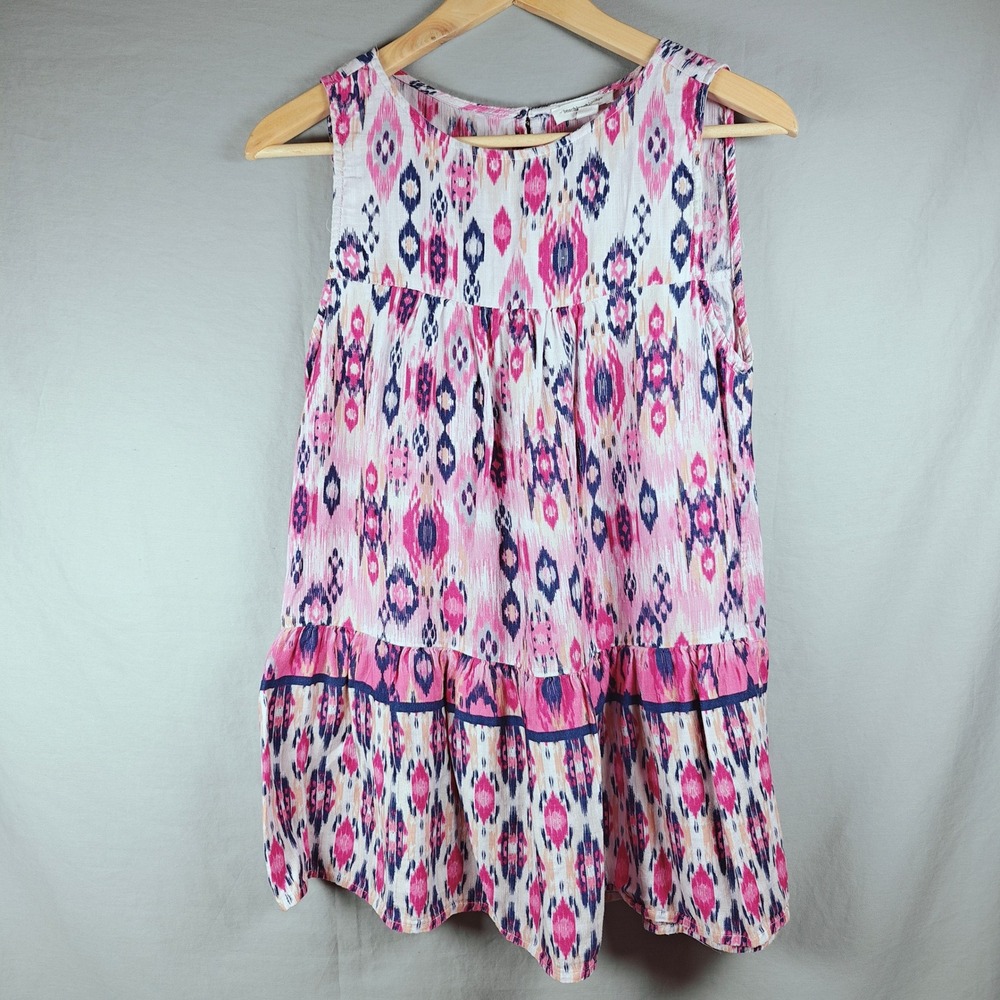 BeachLunchLounge Pink Navy Ikat Tiered Babydoll Sleeveless‎ Top Small
